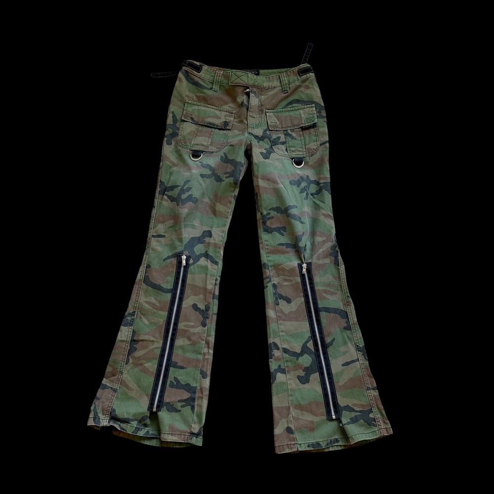 90's Tripp NYC Camo Cargo Pants Flare Leg Punk Goth Zippers Skull Sz 27/5